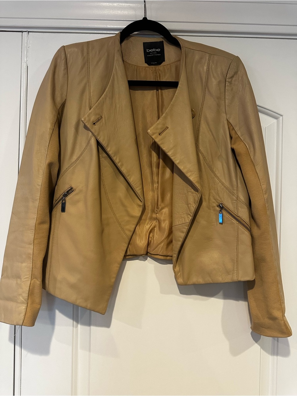 bebe Tan Draped Leather Moto Jacket